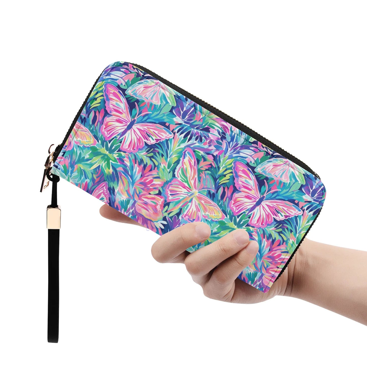 Fluttering Rainbows: Vibrant Watercolor Butterflies in Flight Wristlet Wallet with Zipper Faux Leather (PU)