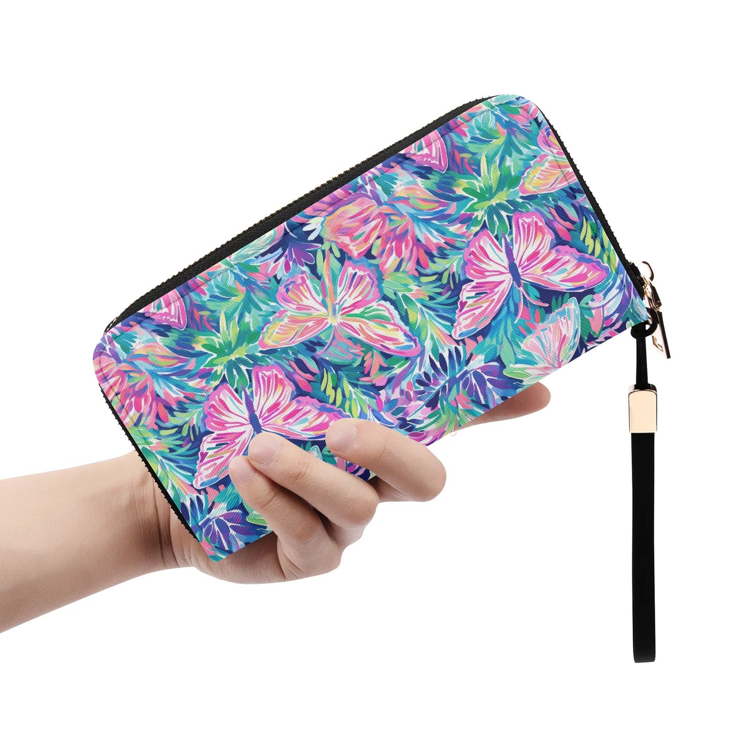 Fluttering Rainbows: Vibrant Watercolor Butterflies in Flight Wristlet Wallet with Zipper Faux Leather (PU)