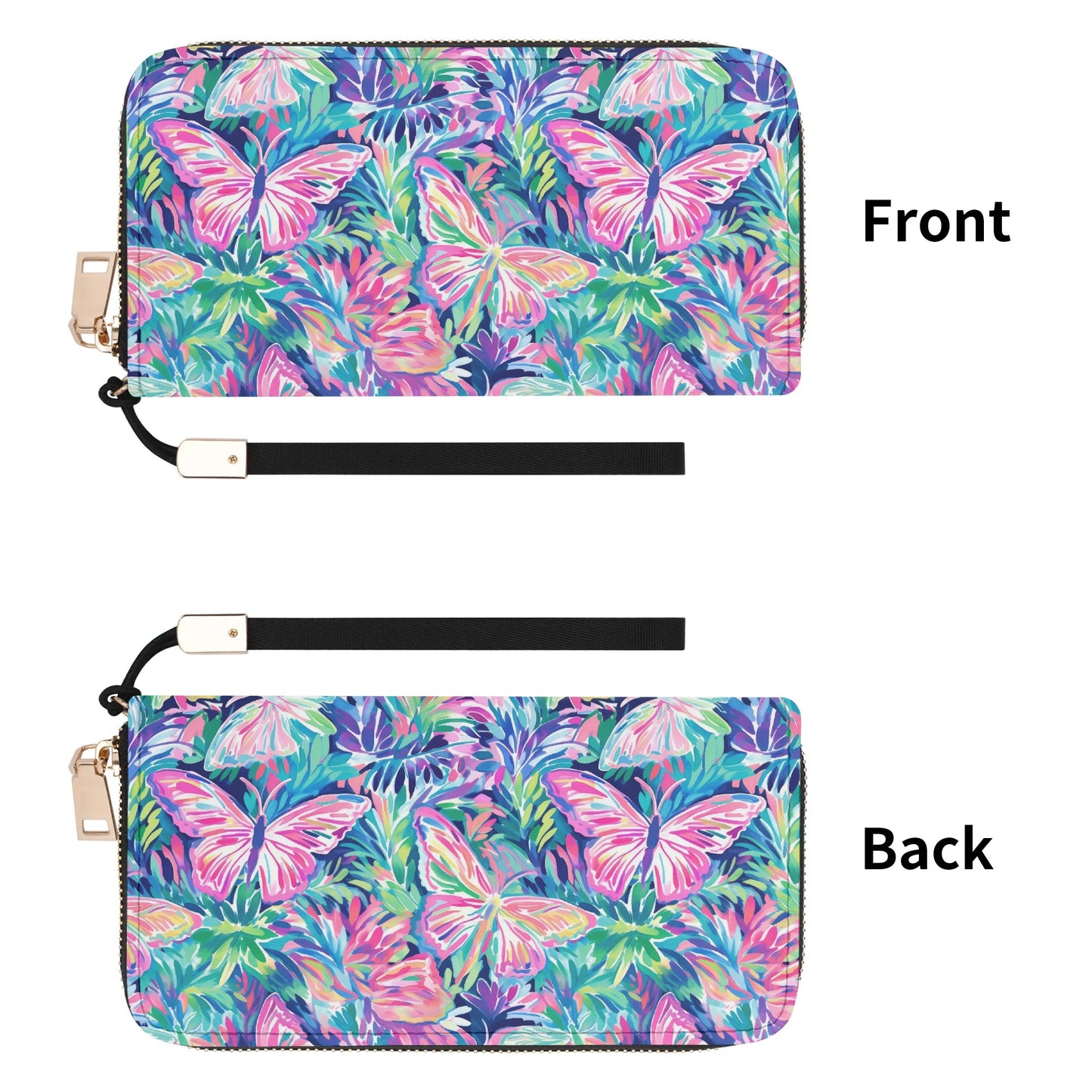 Fluttering Rainbows: Vibrant Watercolor Butterflies in Flight Wristlet Wallet with Zipper Faux Leather (PU)