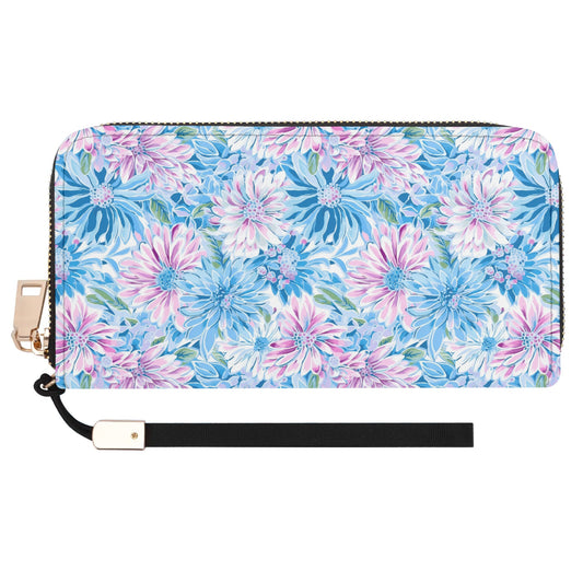 Pastel Blossom Symphony: Spring Flowers in Soft Pink and Blue Hues Wristlet Wallet with Zipper Faux Leather (PU)