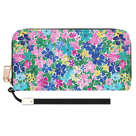 Rainbow Blooms: Vibrant Multi-color Watercolor Flowers in Full Bloom Wristlet Wallet with Zipper Faux Leather (PU)