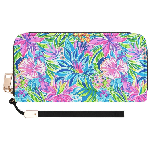 Summer Harmony: Pink and Blue Blooms with Lush Green Leaves Wristlet Wallet with Zipper Faux Leather (PU)