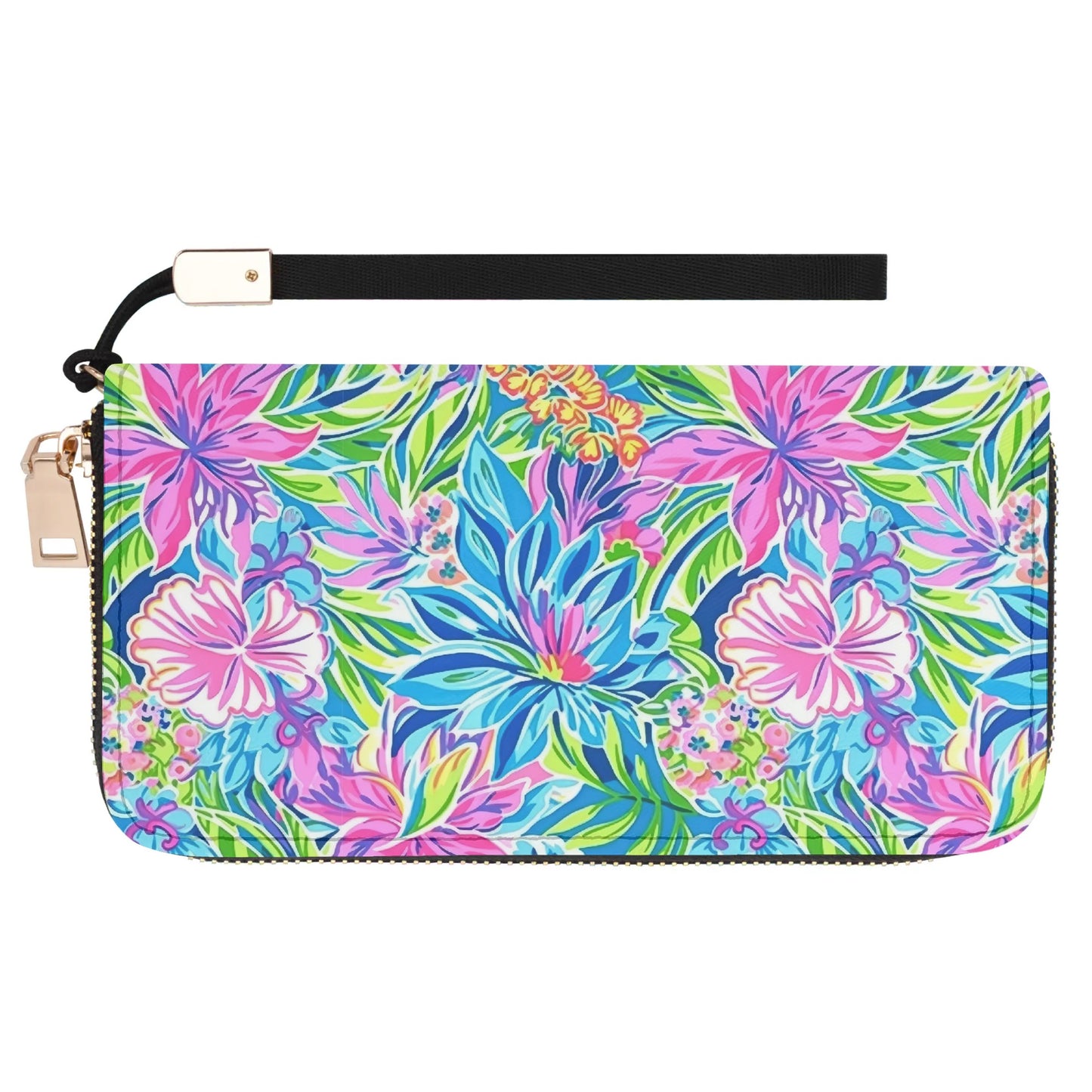 Summer Harmony: Pink and Blue Blooms with Lush Green Leaves Wristlet Wallet with Zipper Faux Leather (PU)