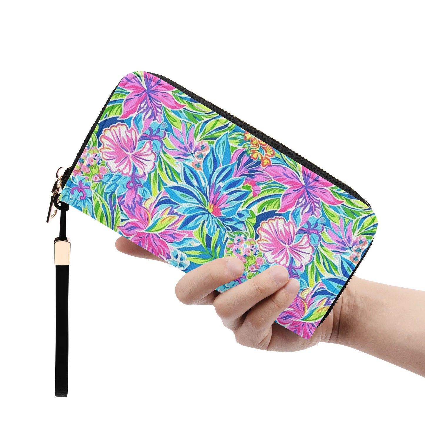 Summer Harmony: Pink and Blue Blooms with Lush Green Leaves Wristlet Wallet with Zipper Faux Leather (PU)