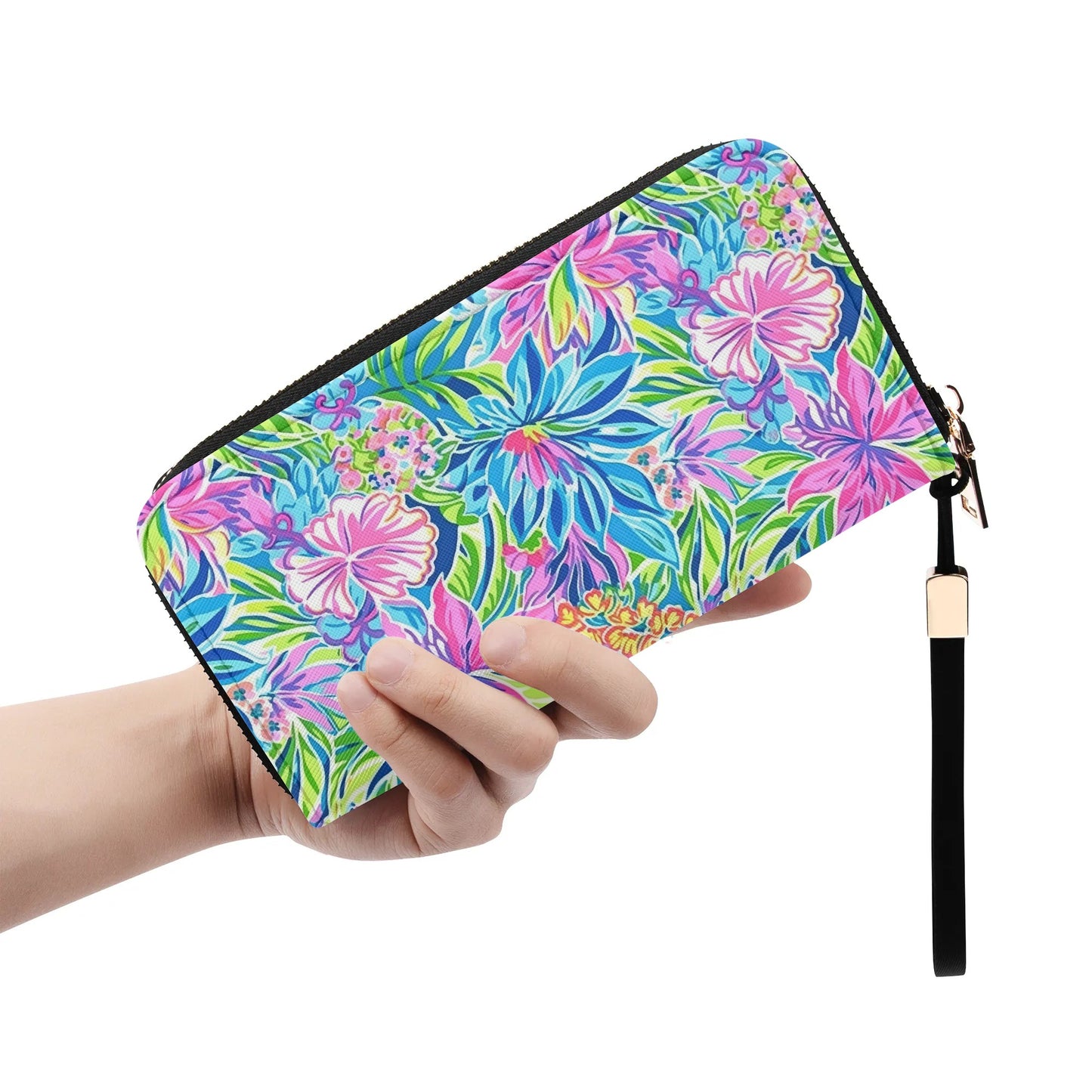 Summer Harmony: Pink and Blue Blooms with Lush Green Leaves Wristlet Wallet with Zipper Faux Leather (PU)