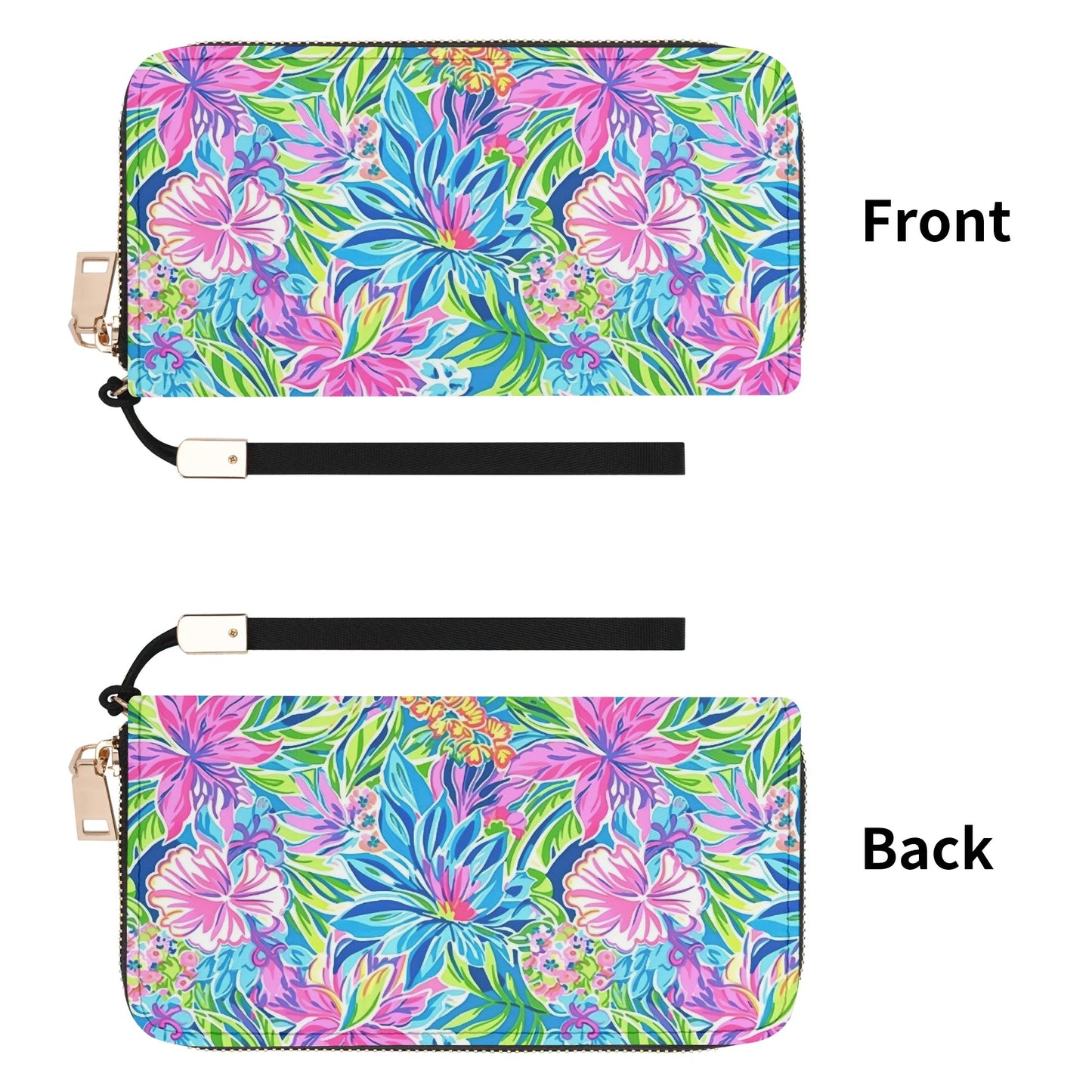 Summer Harmony: Pink and Blue Blooms with Lush Green Leaves Wristlet Wallet with Zipper Faux Leather (PU)