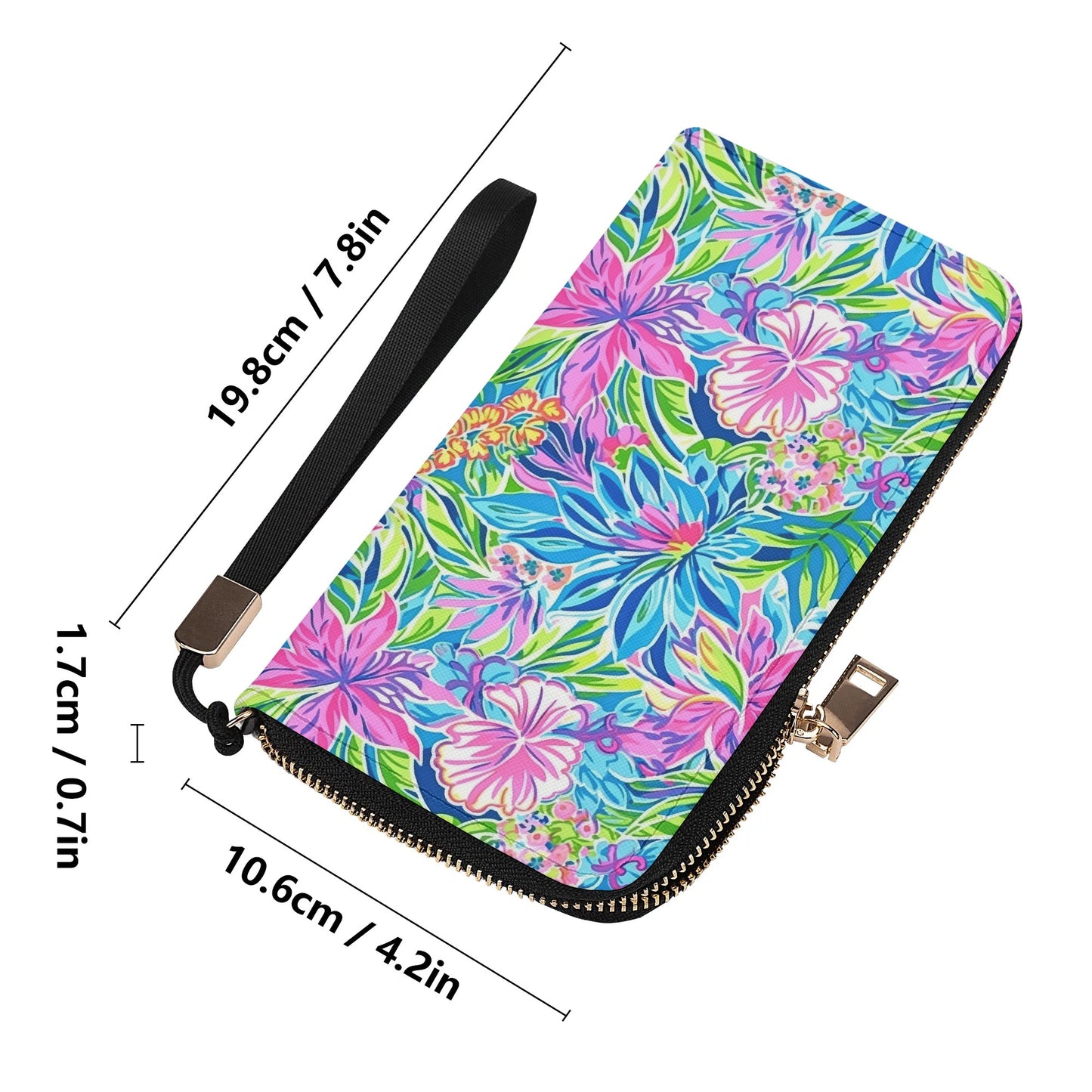 Summer Harmony: Pink and Blue Blooms with Lush Green Leaves Wristlet Wallet with Zipper Faux Leather (PU)