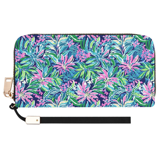 Seaside Blossoms: Coastal Spring Flowers in Pink, Green, and Navy Watercolors Wristlet Wallet with Zipper Faux Leather (PU)