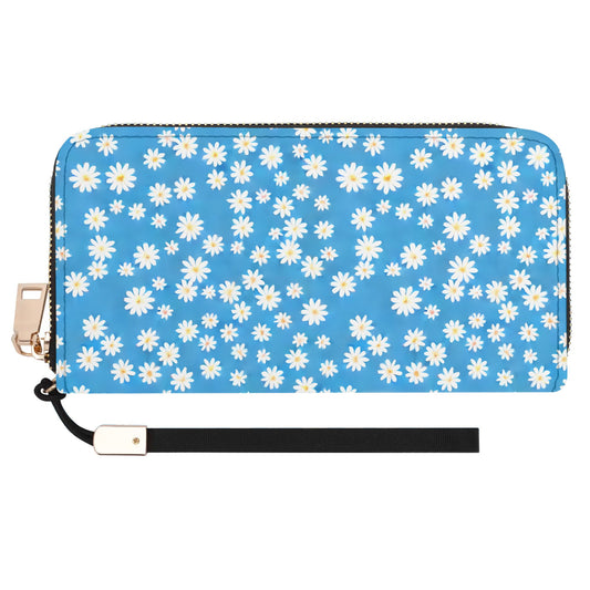 Skys Whisper: Tiny White Daisies on a Serene Blue Wristlet Wallet with Zipper Faux Leather (PU)