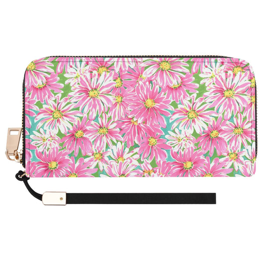 Springs Whisper: Watercolor Pink Daisies Dancing on a Lush Green Stage Wristlet Wallet with Zipper Faux Leather (PU)
