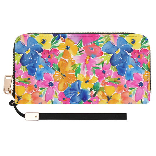 Springtime Kaleidoscope: Multi-color Watercolor Blossoms in Bloom Wristlet Wallet with Zipper Faux Leather (PU)