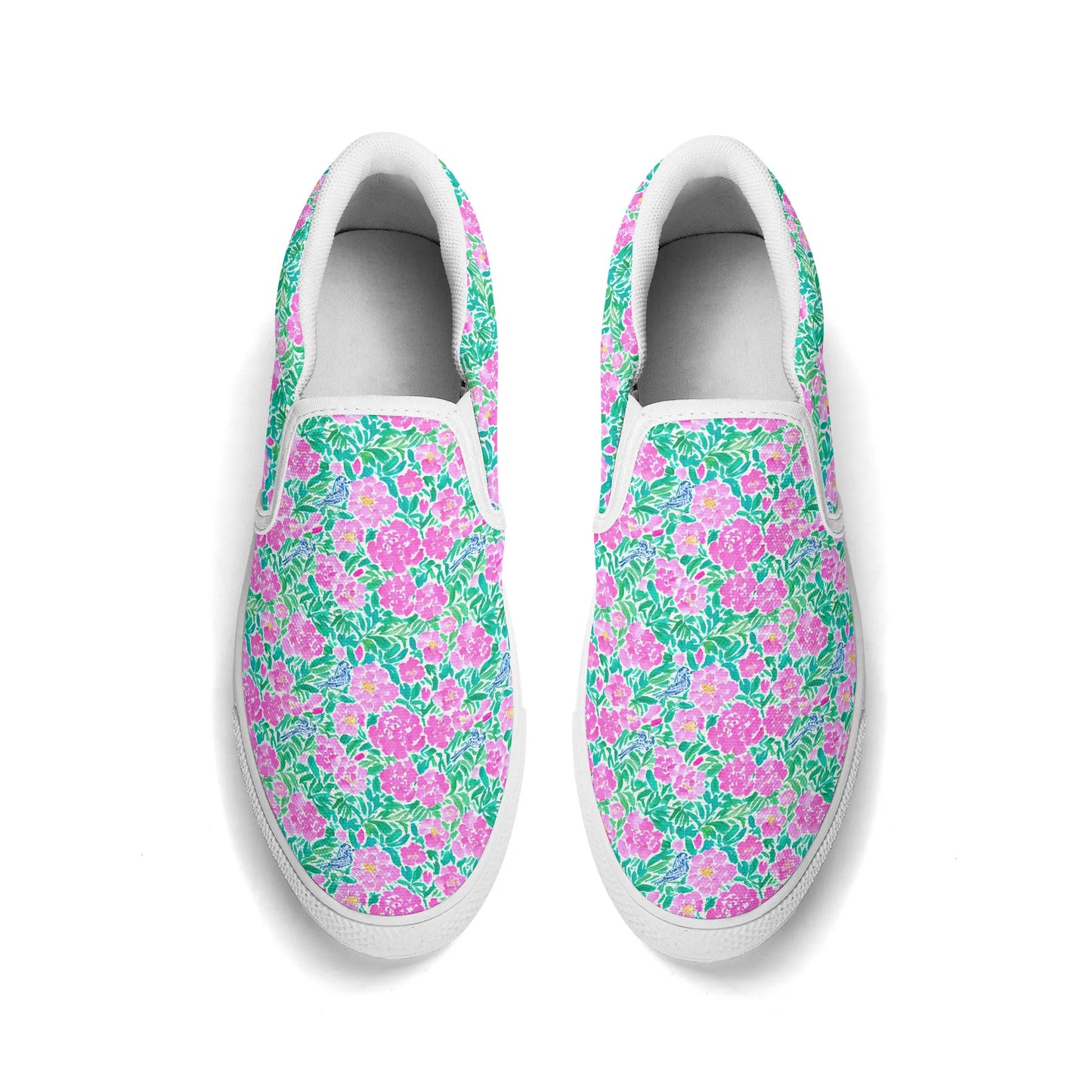 Springtime Whispers: Tiny Birds and Pink Blooms, Subtle Blue Accents, and Lush Green Leaves Womens Canvas Slip On Shoes US5-US12