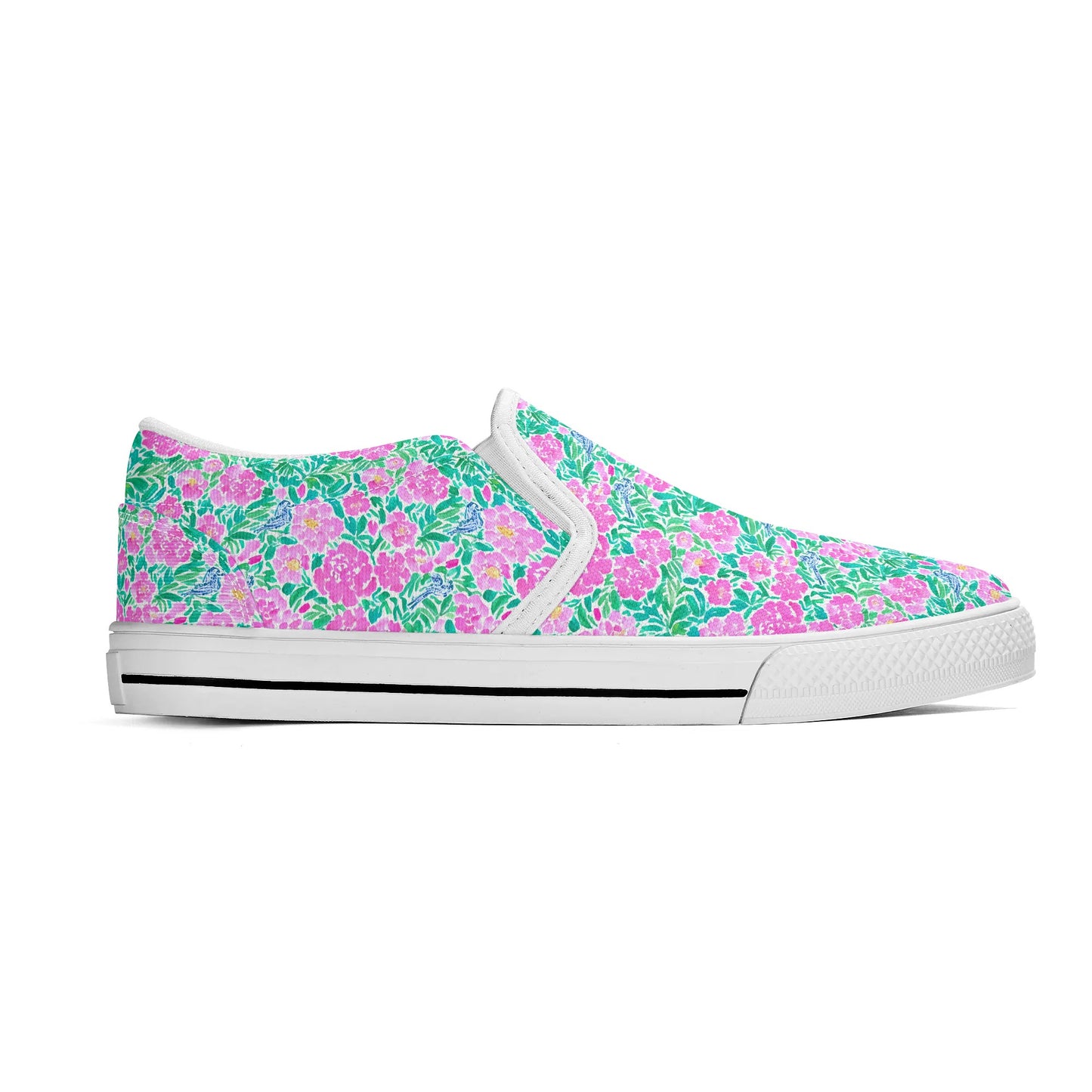 Springtime Whispers: Tiny Birds and Pink Blooms, Subtle Blue Accents, and Lush Green Leaves Womens Canvas Slip On Shoes US5-US12