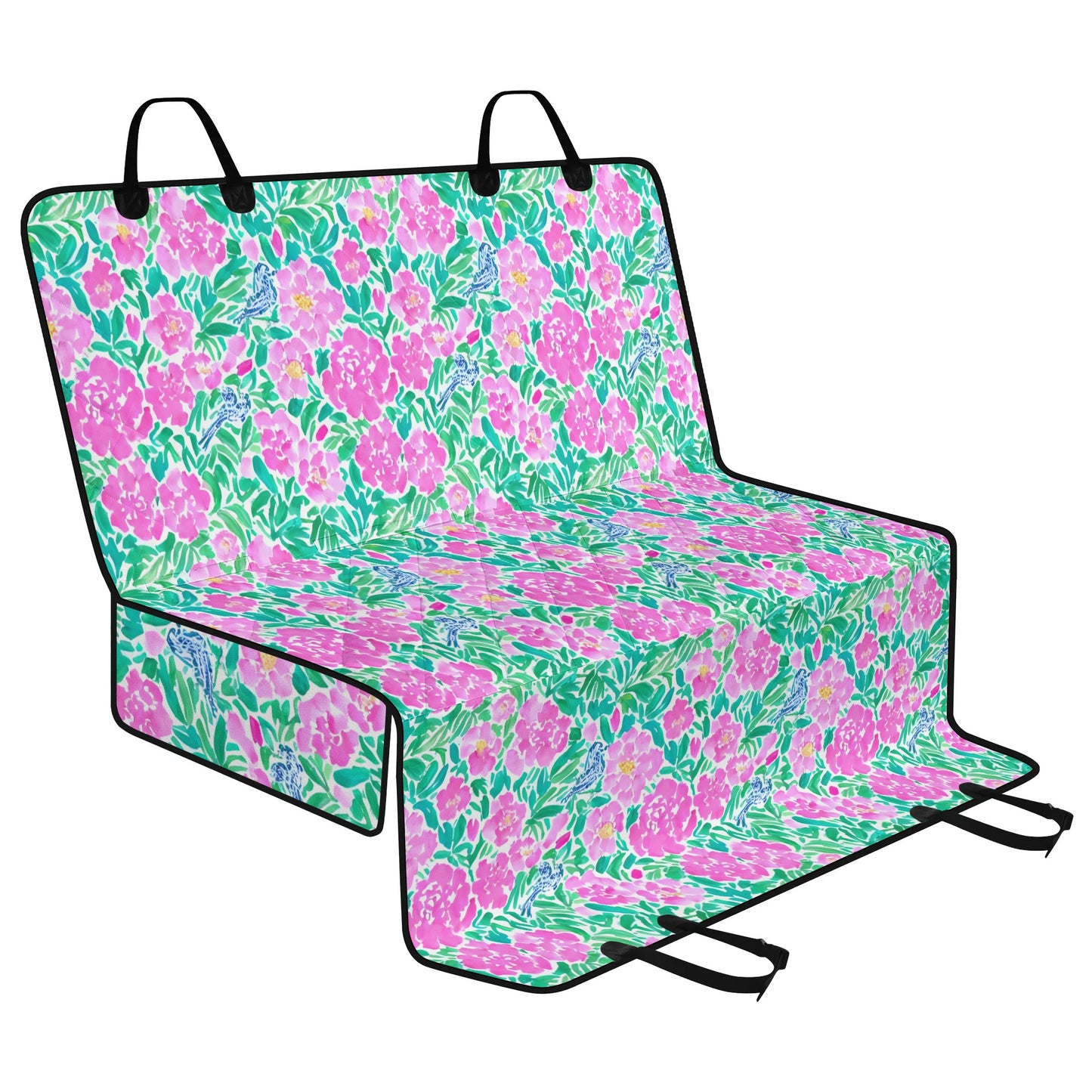 Springtime Whispers: Tiny Birds and Pink Blooms, Subtle Blue Accents, and Lush Green Leaves Car Pet Seat Cover 2 Sizes