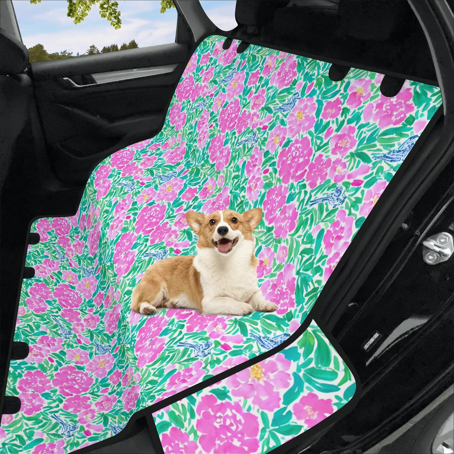 Springtime Whispers: Tiny Birds and Pink Blooms, Subtle Blue Accents, and Lush Green Leaves Car Pet Seat Cover 2 Sizes