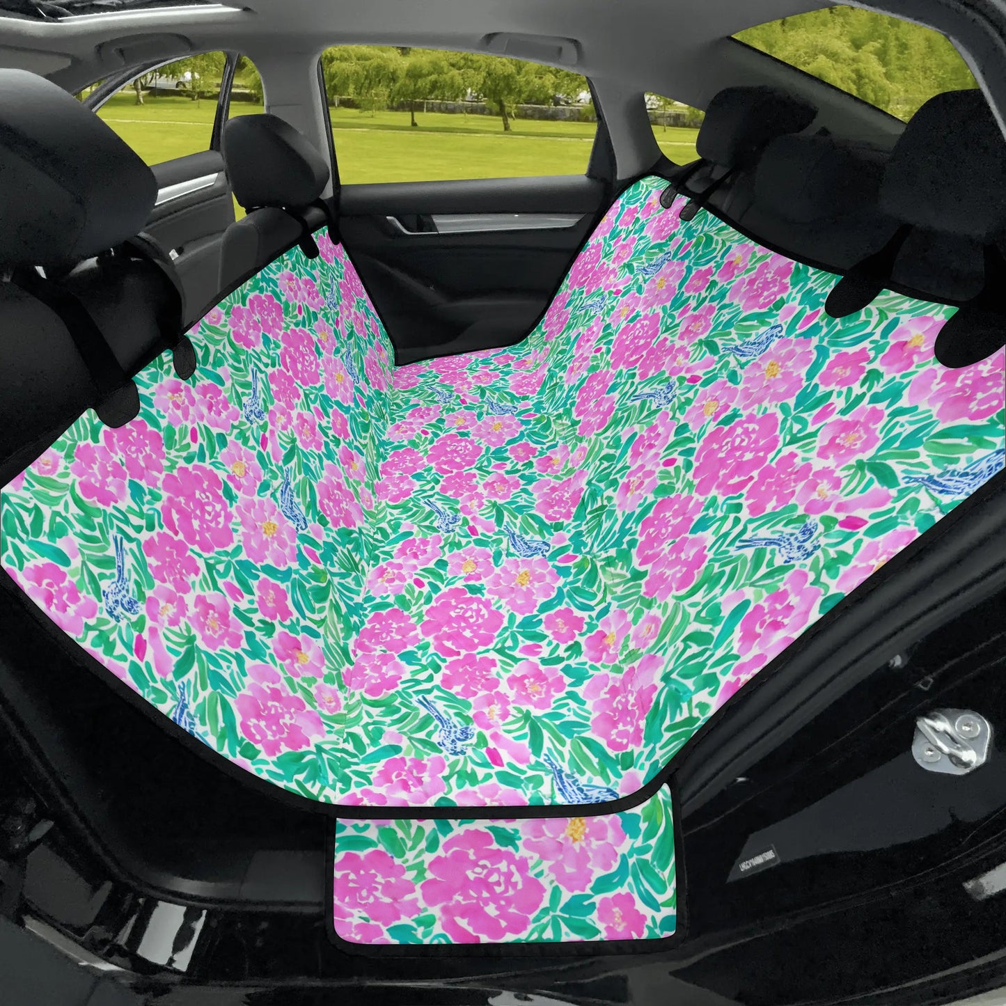 Springtime Whispers: Tiny Birds and Pink Blooms, Subtle Blue Accents, and Lush Green Leaves Car Pet Seat Cover 2 Sizes