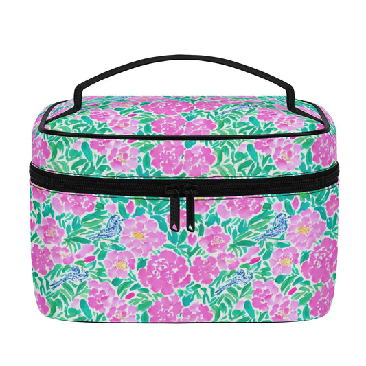 Springtime Whispers: Tiny Birds and Pink Blooms, Subtle Blue Accents, and Lush Green Leaves Cosmetic or Toiletry Bag Faux Leather (PU)