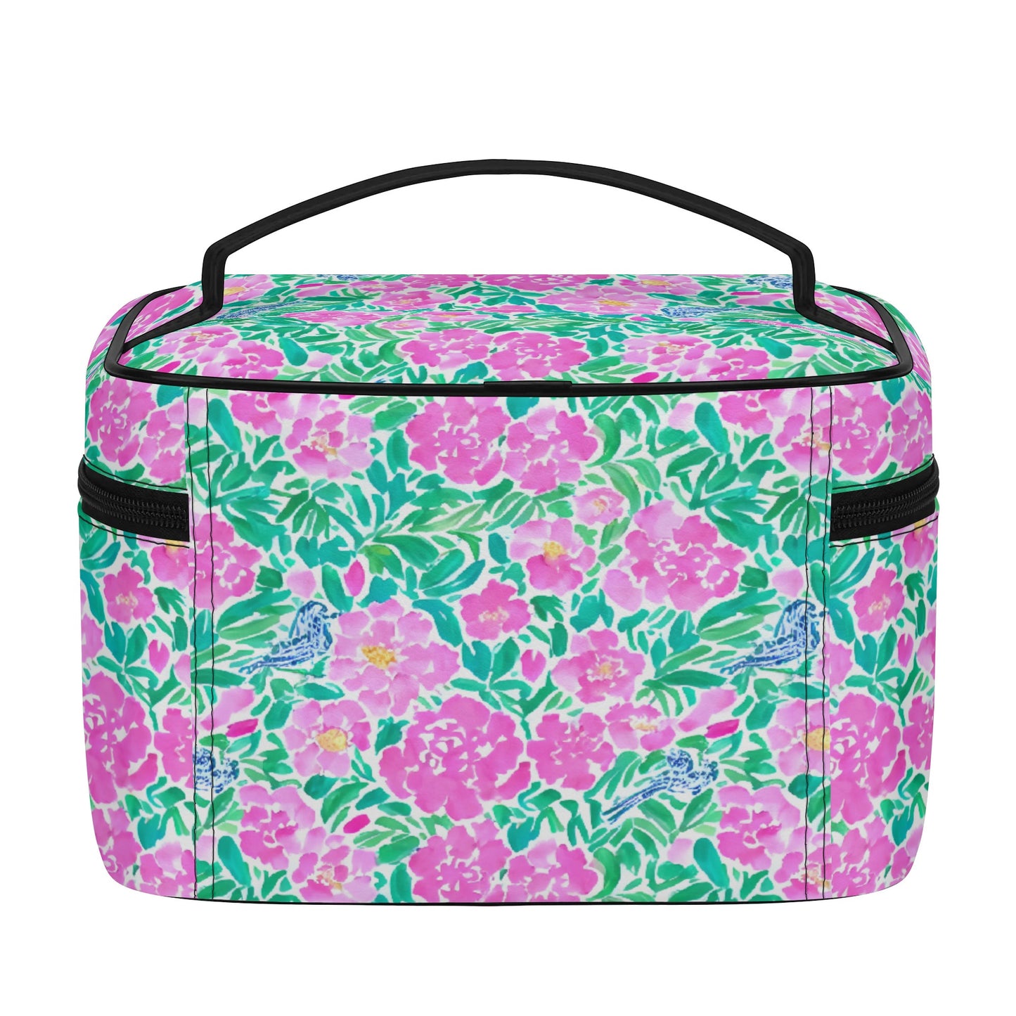 Springtime Whispers: Tiny Birds and Pink Blooms, Subtle Blue Accents, and Lush Green Leaves Cosmetic or Toiletry Bag Faux Leather (PU)