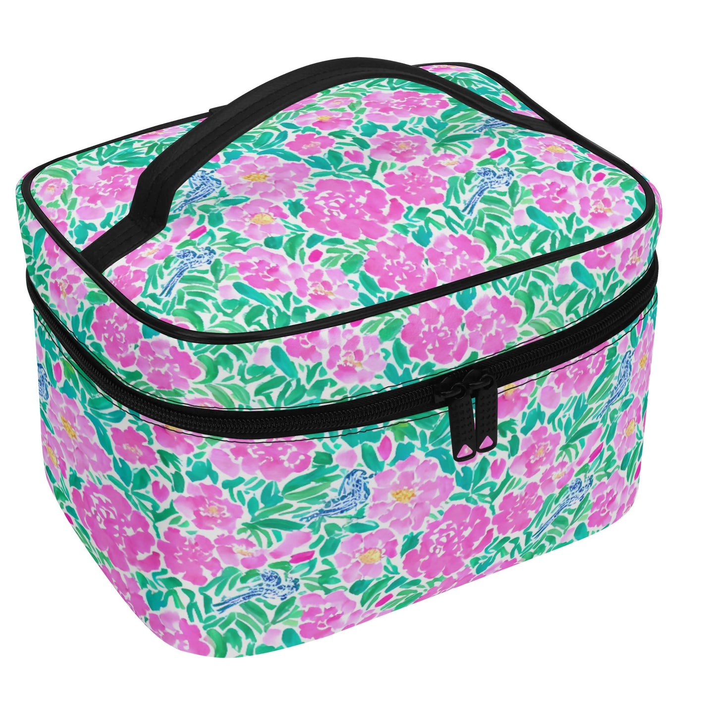 Springtime Whispers: Tiny Birds and Pink Blooms, Subtle Blue Accents, and Lush Green Leaves Cosmetic or Toiletry Bag Faux Leather (PU)