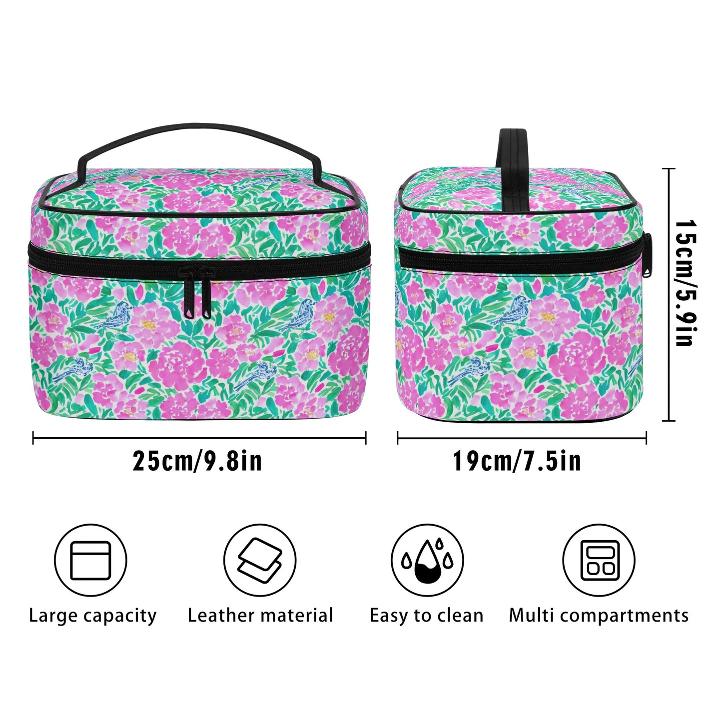 Springtime Whispers: Tiny Birds and Pink Blooms, Subtle Blue Accents, and Lush Green Leaves Cosmetic or Toiletry Bag Faux Leather (PU)