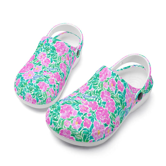 Springtime Whispers: Tiny Birds and Pink Blooms, Subtle Blue Accents, and Lush Green Leaves Casual Lightweight Slip On Nurse Style Clogs