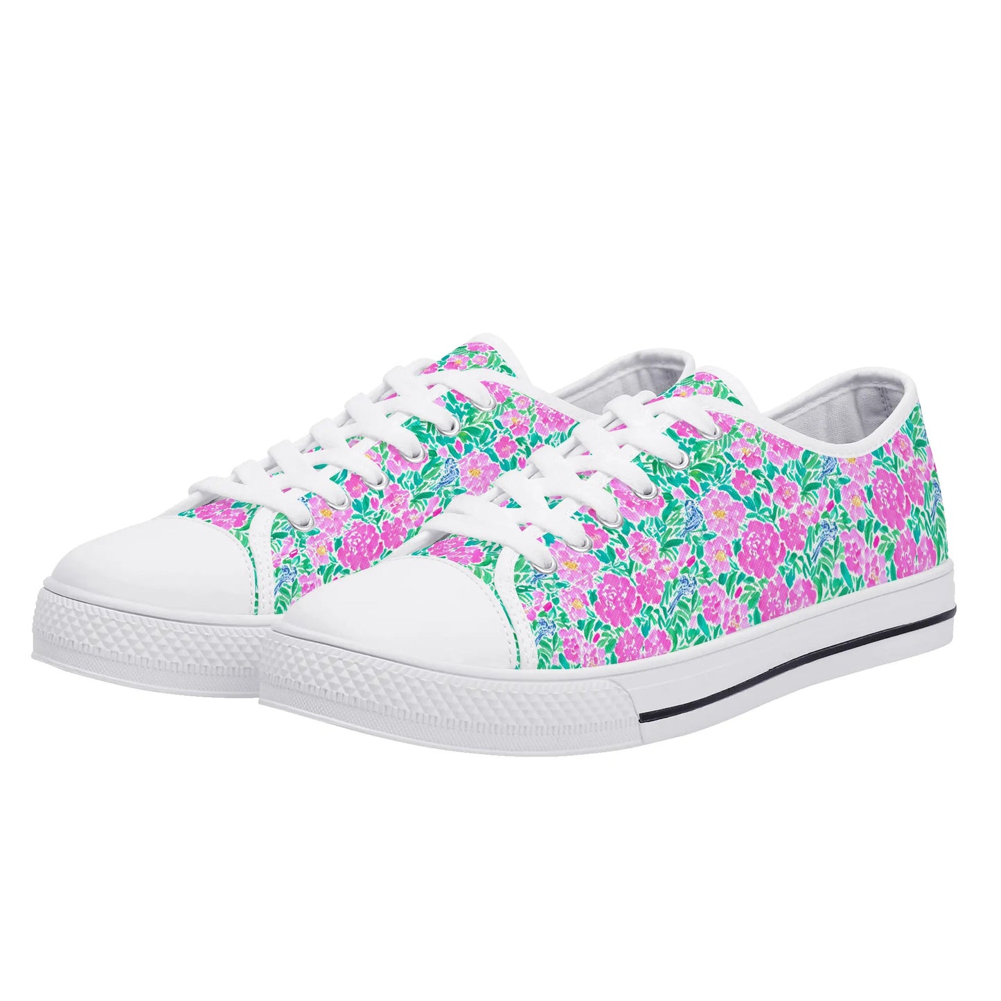 Springtime Whispers: Tiny Birds and Pink Blooms, Subtle Blue Accents, and Lush Green Leaves Womens Low Top Canvas Sneakers US5.5 - US12