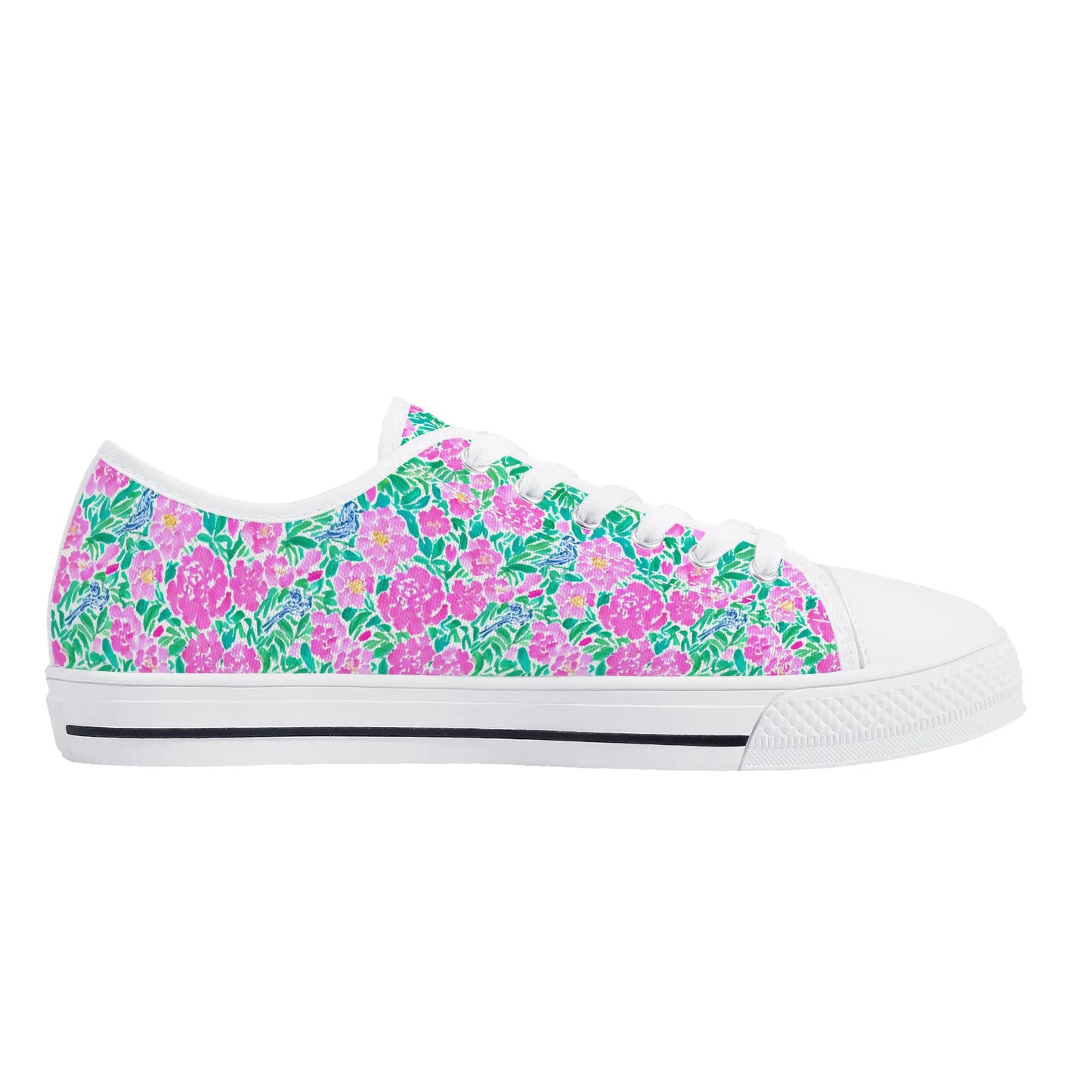 Springtime Whispers: Tiny Birds and Pink Blooms, Subtle Blue Accents, and Lush Green Leaves Womens Low Top Canvas Sneakers US5.5 - US12