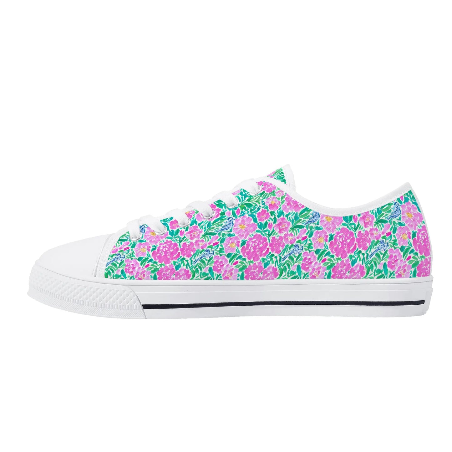 Springtime Whispers: Tiny Birds and Pink Blooms, Subtle Blue Accents, and Lush Green Leaves Womens Low Top Canvas Sneakers US5.5 - US12