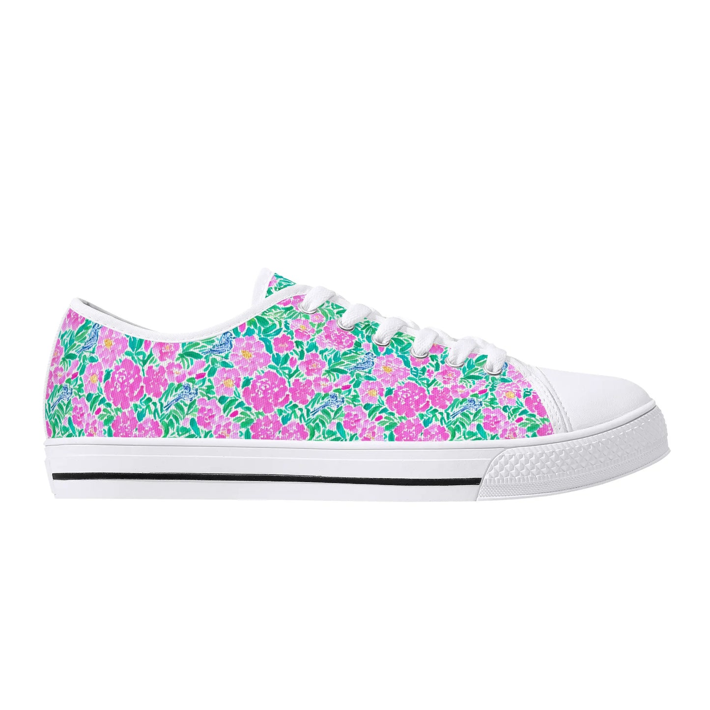 Springtime Whispers: Tiny Birds and Pink Blooms, Subtle Blue Accents, and Lush Green Leaves Womens Low Top Canvas Sneakers US5.5 - US12