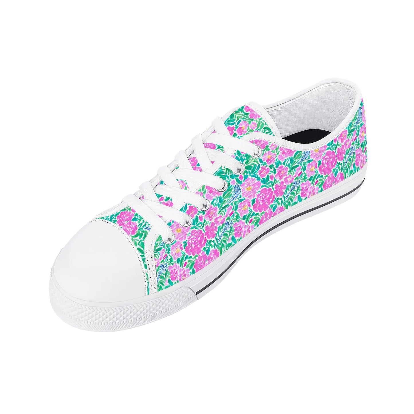 Springtime Whispers: Tiny Birds and Pink Blooms, Subtle Blue Accents, and Lush Green Leaves Womens Low Top Canvas Sneakers US5.5 - US12