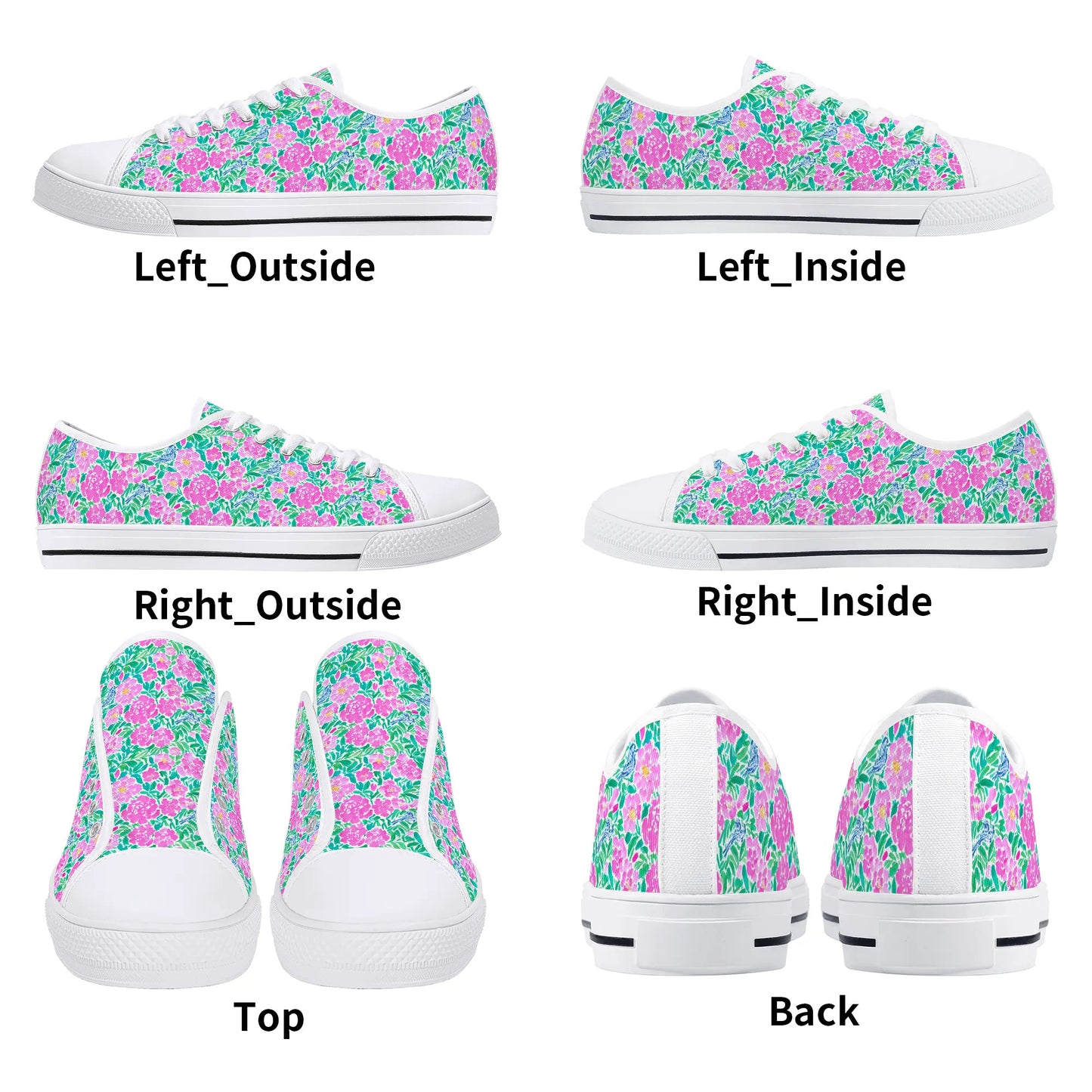 Springtime Whispers: Tiny Birds and Pink Blooms, Subtle Blue Accents, and Lush Green Leaves Womens Low Top Canvas Sneakers US5.5 - US12