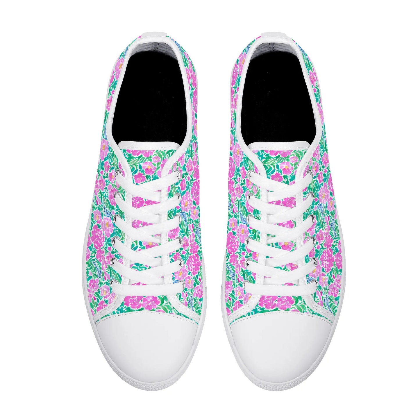 Springtime Whispers: Tiny Birds and Pink Blooms, Subtle Blue Accents, and Lush Green Leaves Womens Low Top Canvas Sneakers US5.5 - US12