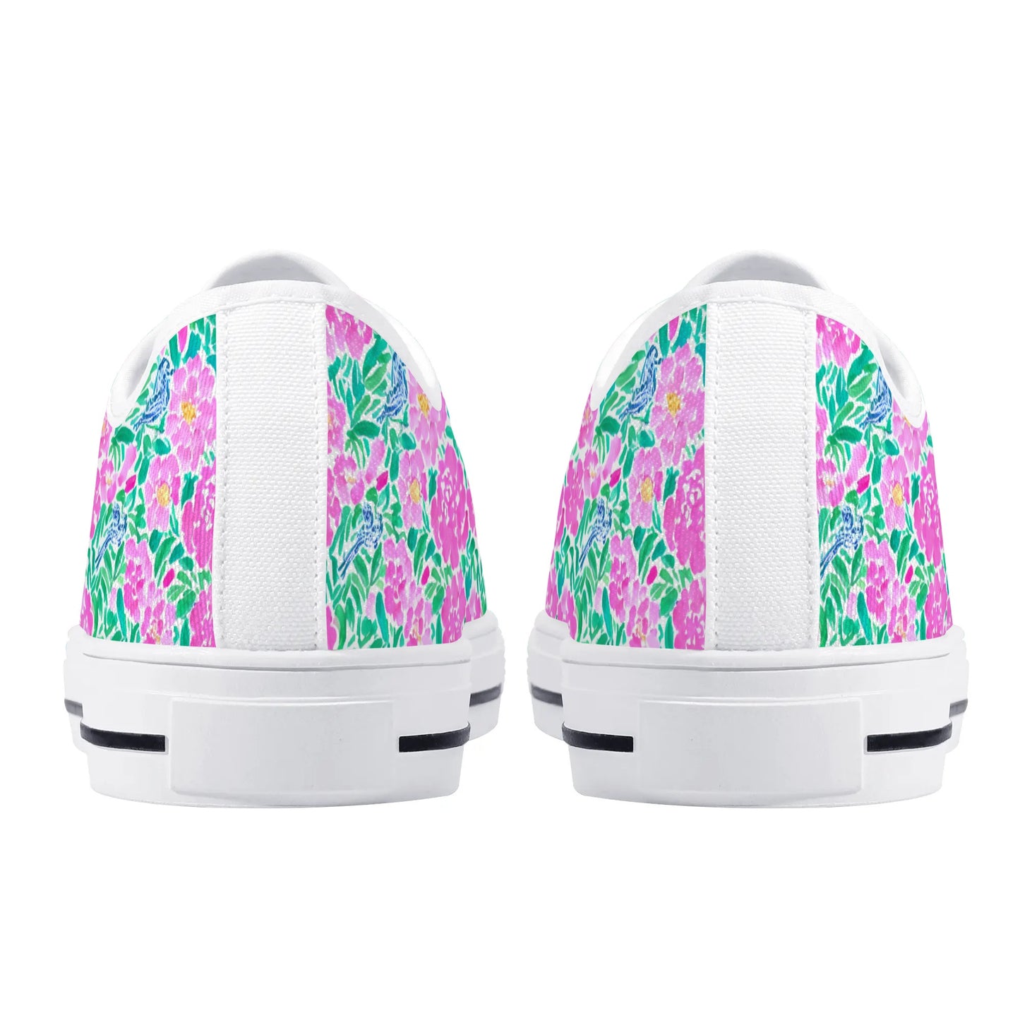 Springtime Whispers: Tiny Birds and Pink Blooms, Subtle Blue Accents, and Lush Green Leaves Womens Low Top Canvas Sneakers US5.5 - US12