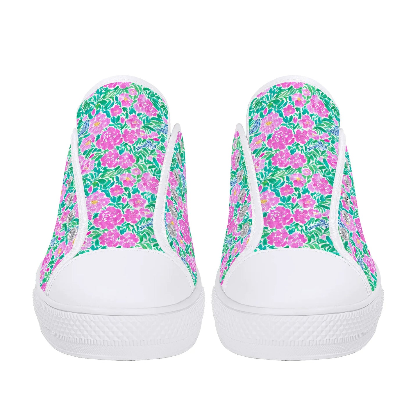 Springtime Whispers: Tiny Birds and Pink Blooms, Subtle Blue Accents, and Lush Green Leaves Womens Low Top Canvas Sneakers US5.5 - US12