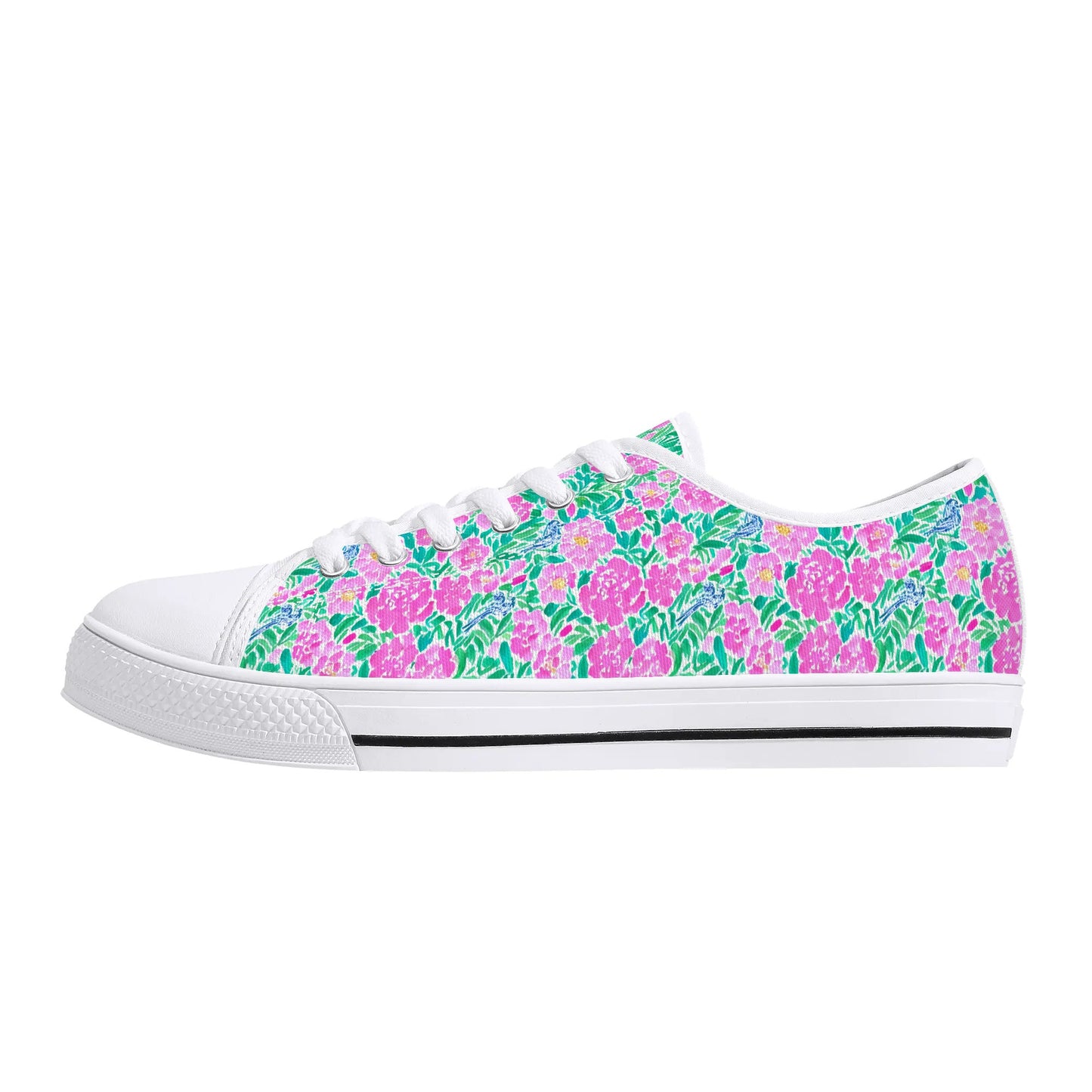 Springtime Whispers: Tiny Birds and Pink Blooms, Subtle Blue Accents, and Lush Green Leaves Womens Low Top Canvas Sneakers US5.5 - US12