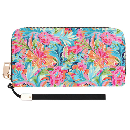Tropical Radiance: Bursting Summer Blooms in Teal, Orange, and Pink Wristlet Wallet with Zipper Faux Leather (PU)