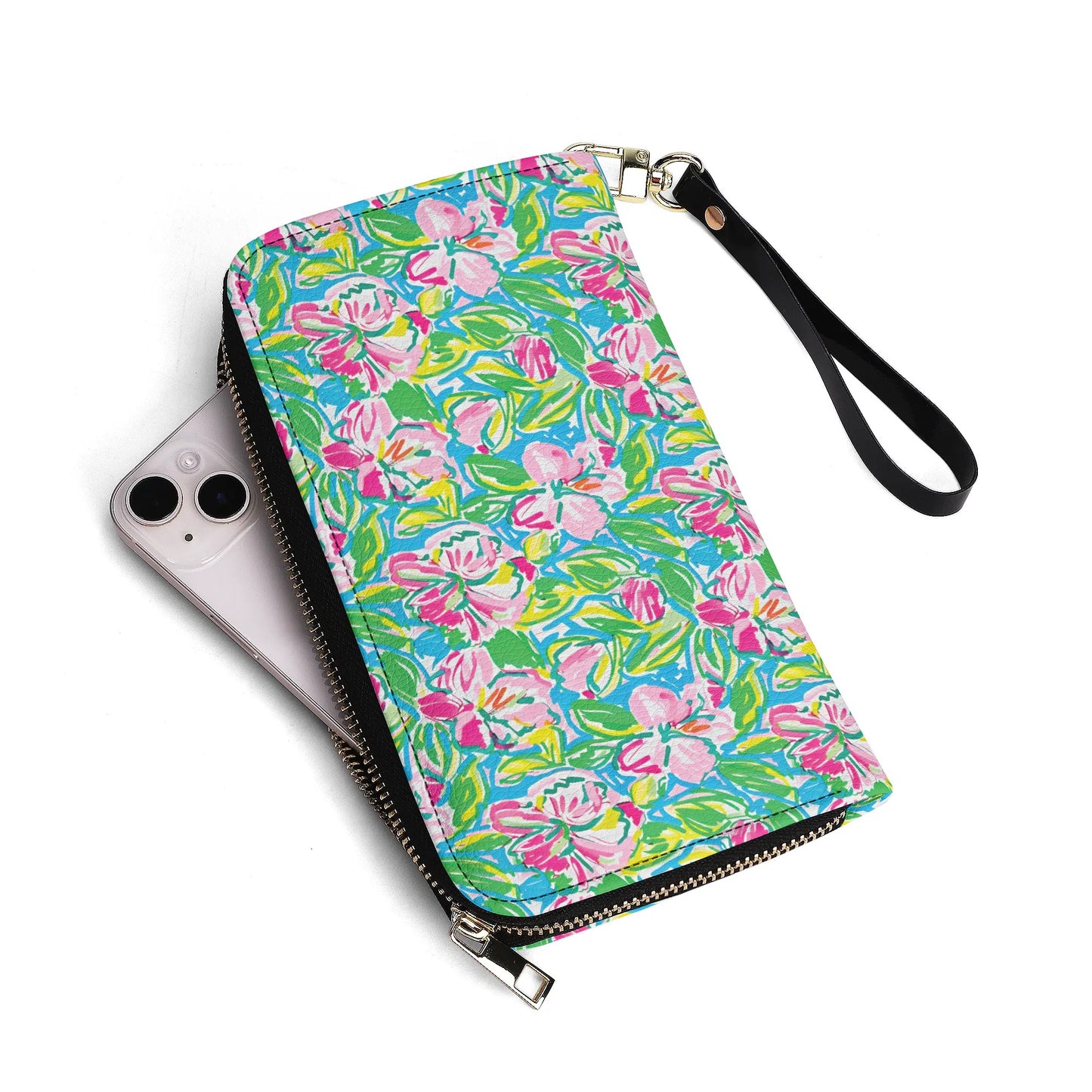 Whispering Meadows: Pink Blossoms, Lush Green Leaves, and Accents of Yellow and Blue - Leather Wallet (PU)