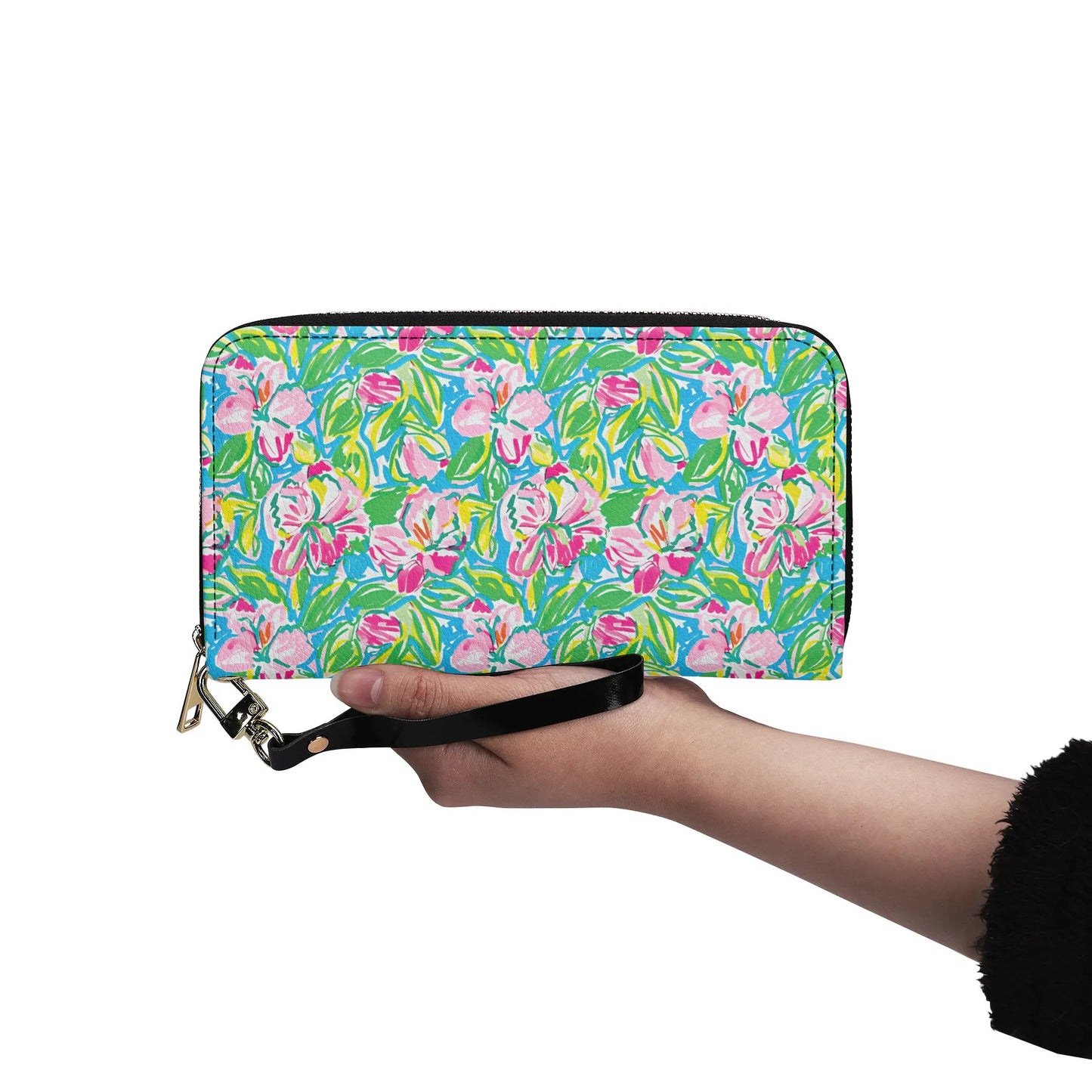 Whispering Meadows: Pink Blossoms, Lush Green Leaves, and Accents of Yellow and Blue - Leather Wallet (PU)