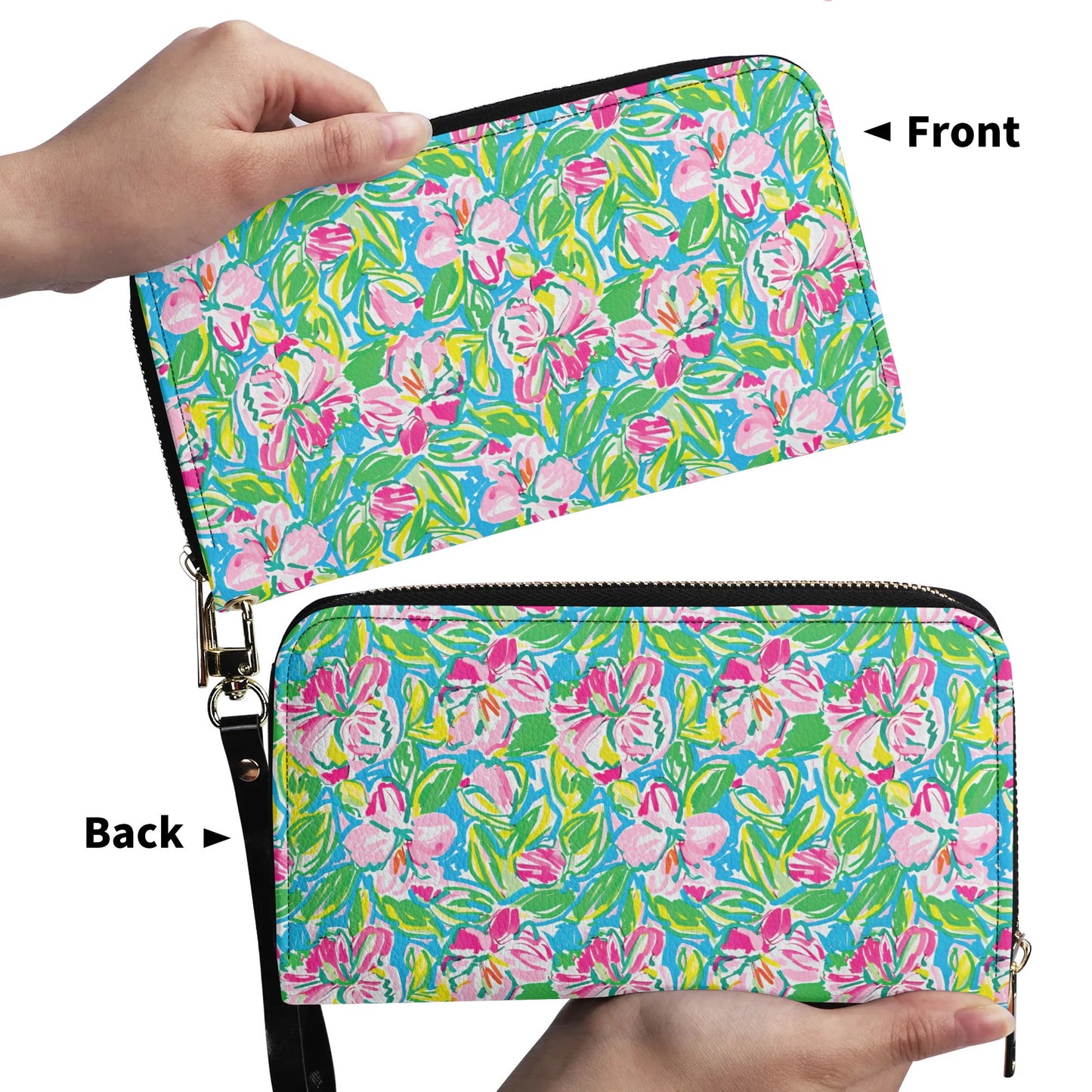 Whispering Meadows: Pink Blossoms, Lush Green Leaves, and Accents of Yellow and Blue - Leather Wallet (PU)