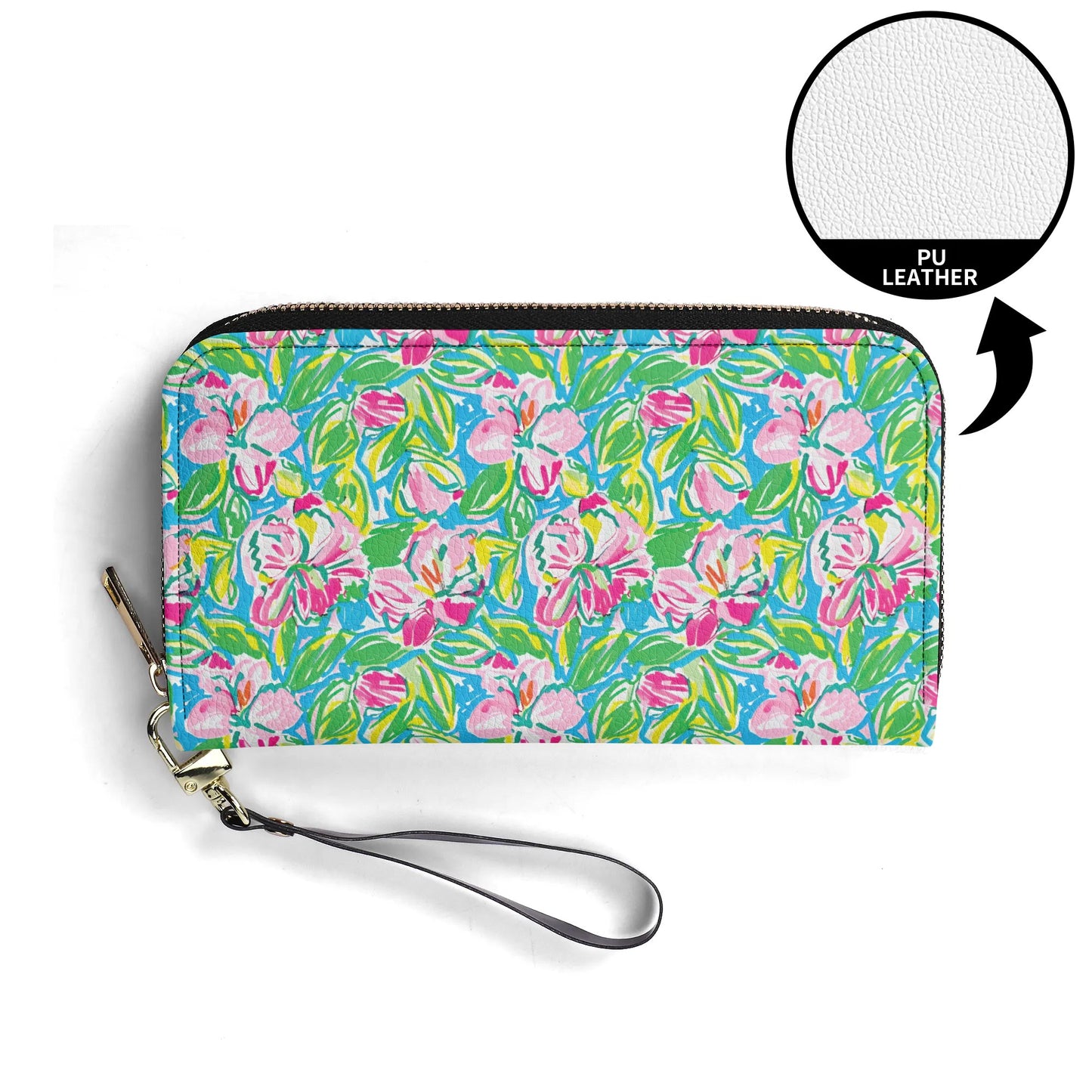 Whispering Meadows: Pink Blossoms, Lush Green Leaves, and Accents of Yellow and Blue - Leather Wallet (PU)