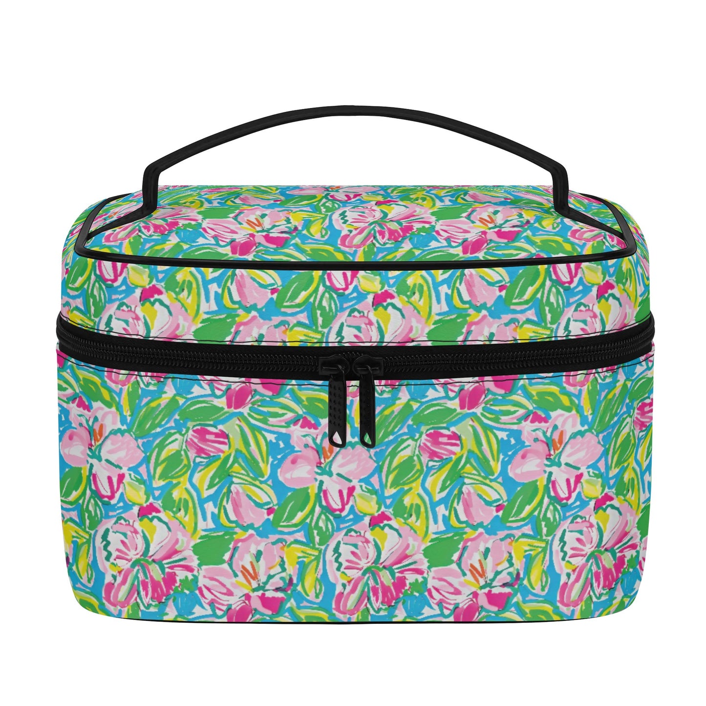 Whispering Meadows: Pink Blossoms, Lush Green Leaves, and Accents of Yellow and Blue Cosmetic or Toiletry Bag Faux Leather (PU)