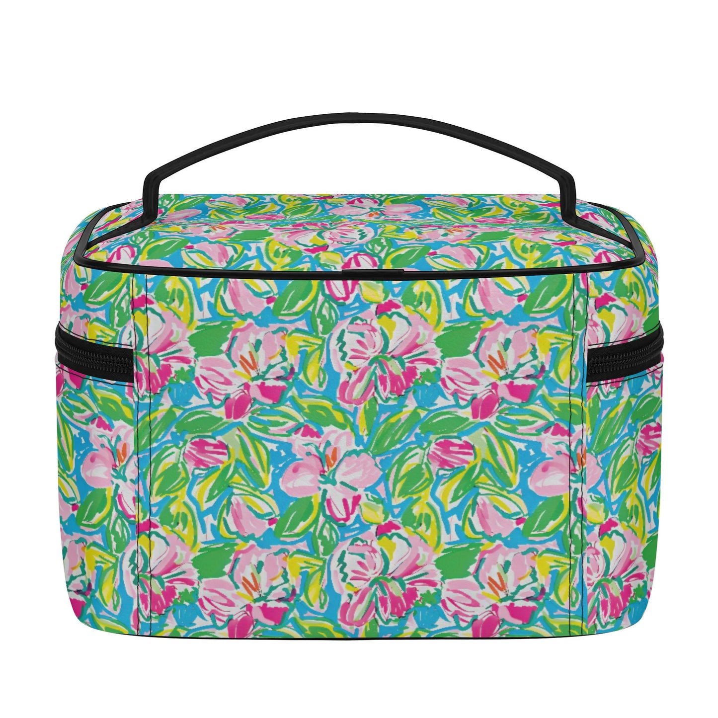 Whispering Meadows: Pink Blossoms, Lush Green Leaves, and Accents of Yellow and Blue Cosmetic or Toiletry Bag Faux Leather (PU)