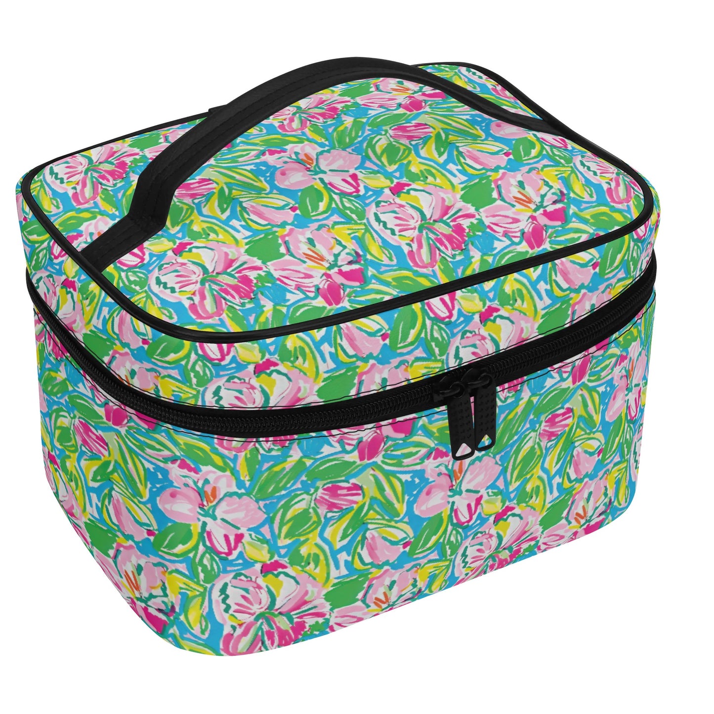 Whispering Meadows: Pink Blossoms, Lush Green Leaves, and Accents of Yellow and Blue Cosmetic or Toiletry Bag Faux Leather (PU)