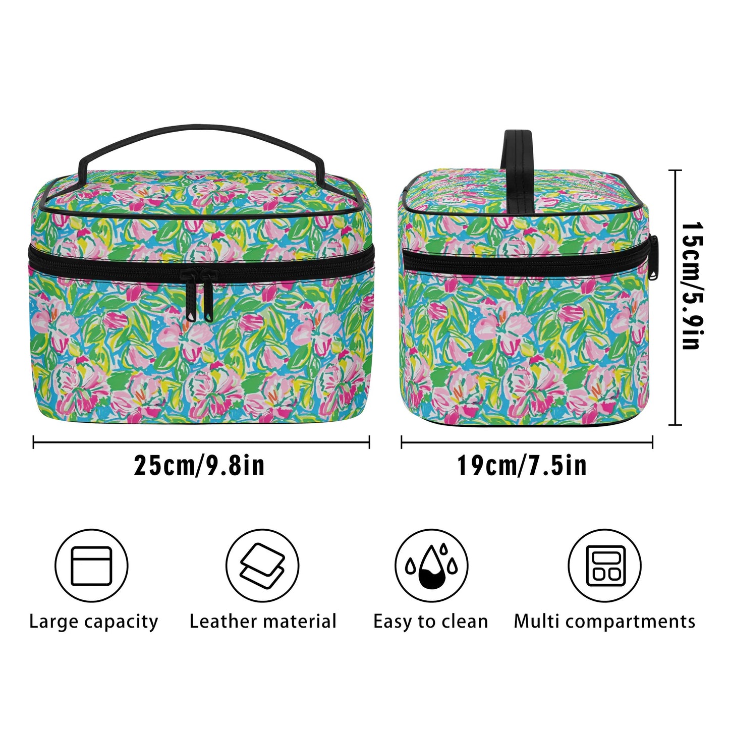 Whispering Meadows: Pink Blossoms, Lush Green Leaves, and Accents of Yellow and Blue Cosmetic or Toiletry Bag Faux Leather (PU)