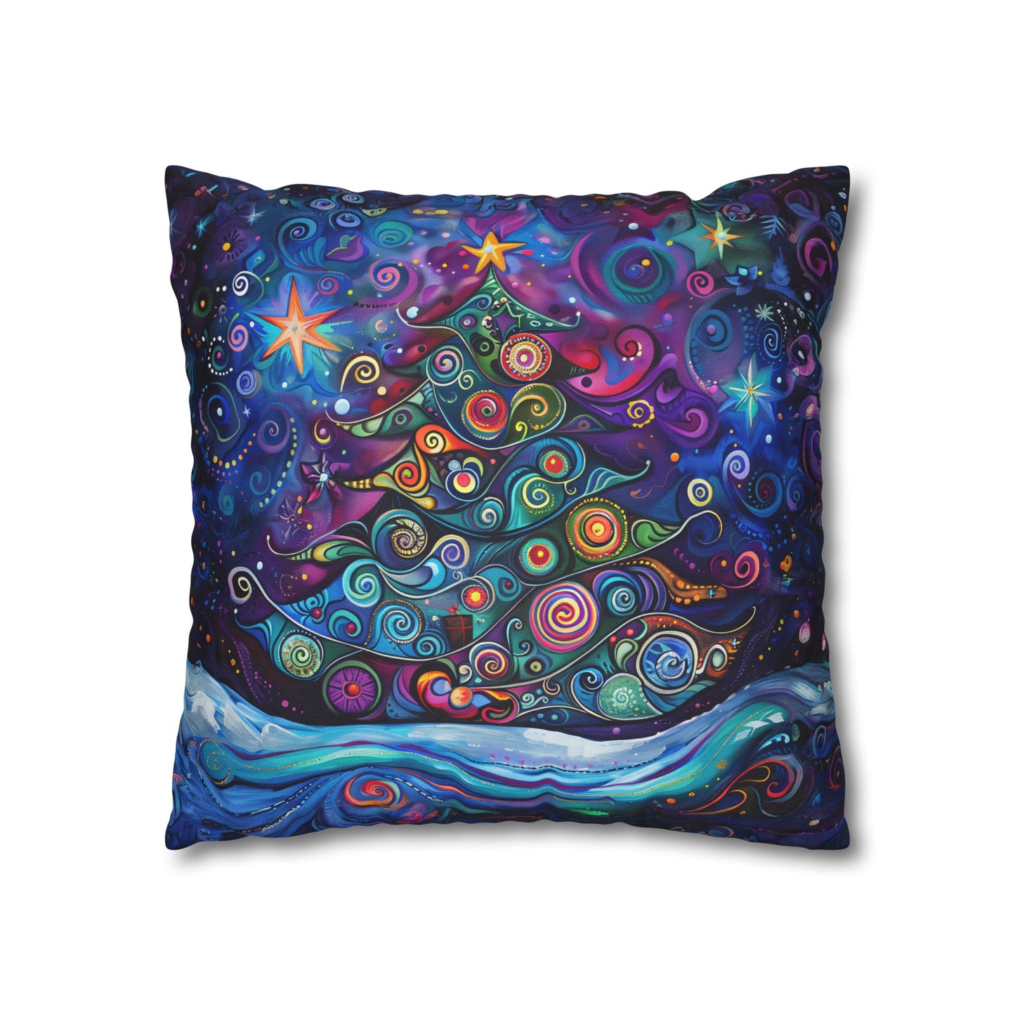 Christmas Tree in Magical Purple Hues, Sparkling Amidst Vibrant Stars Spun Polyester Square Pillowcase 4 Sizes