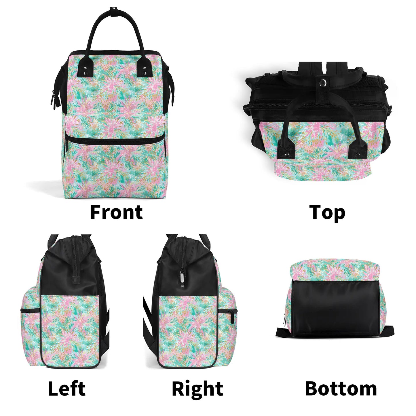 Soft Petal Symphony: Pastel Pink and Green Watercolor Flower Bursts Large Capacity Backpack Diaper Nursing Bag