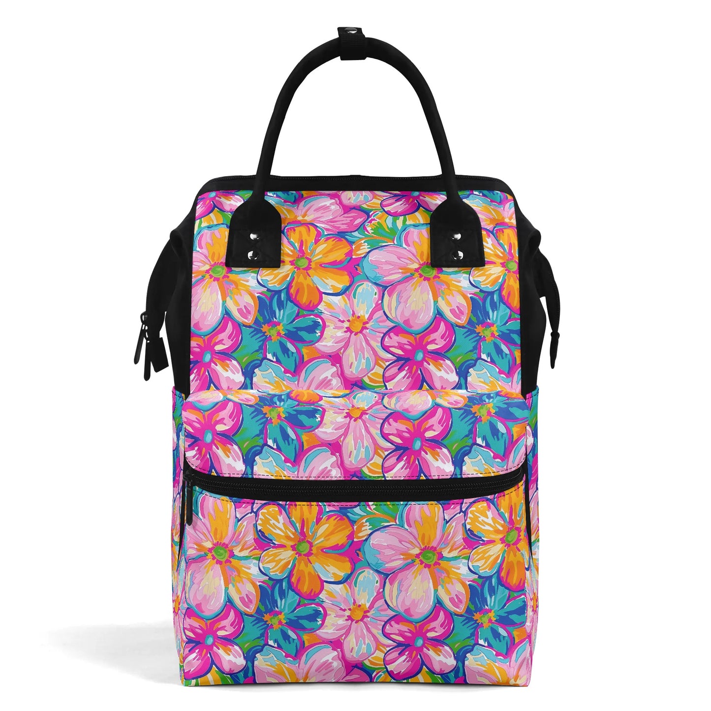 Chromatic Blossoms: Large Watercolor Flowers in Mixed Pinks, Blues, and Oranges Large Capacity Backpack Diaper Nursing Bag