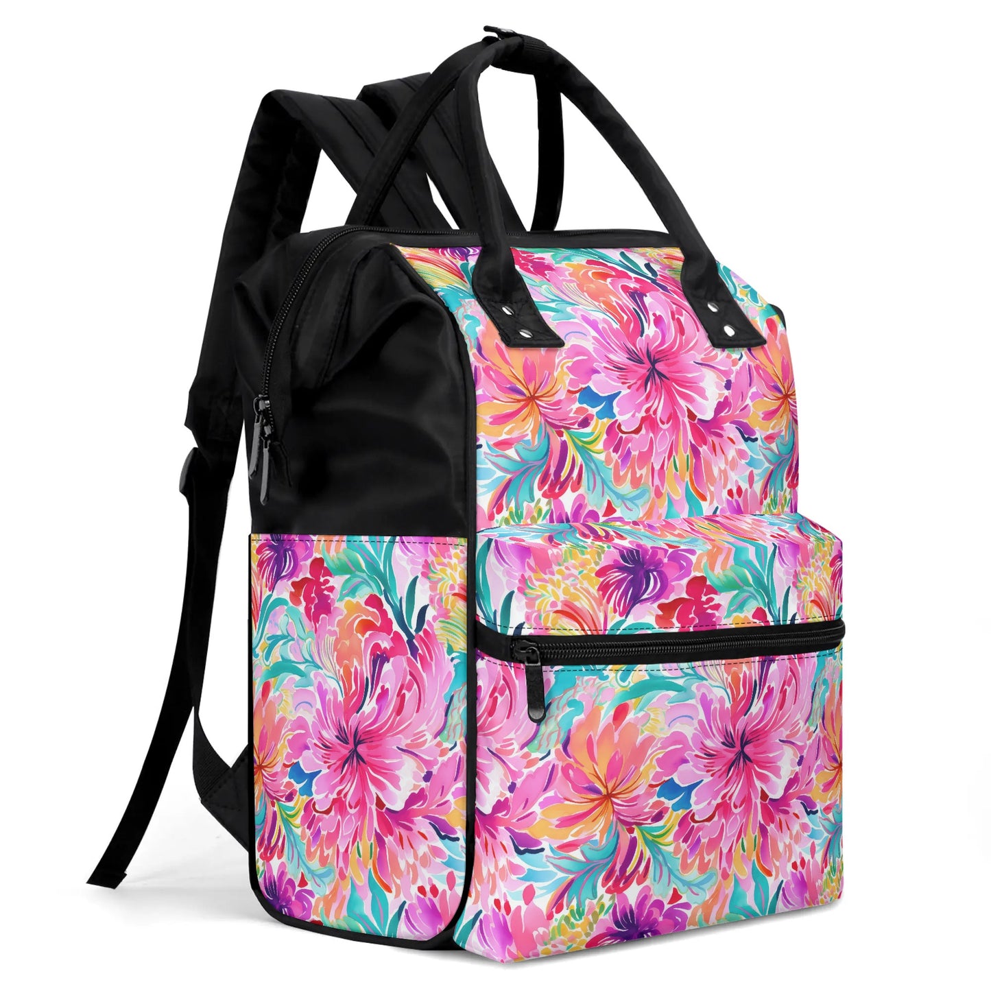 Rainbow Tropics: Watercolor Flowers in Vibrant Pink, Green and Orange Hues Large Capacity Backpack Diaper Nursing Bag