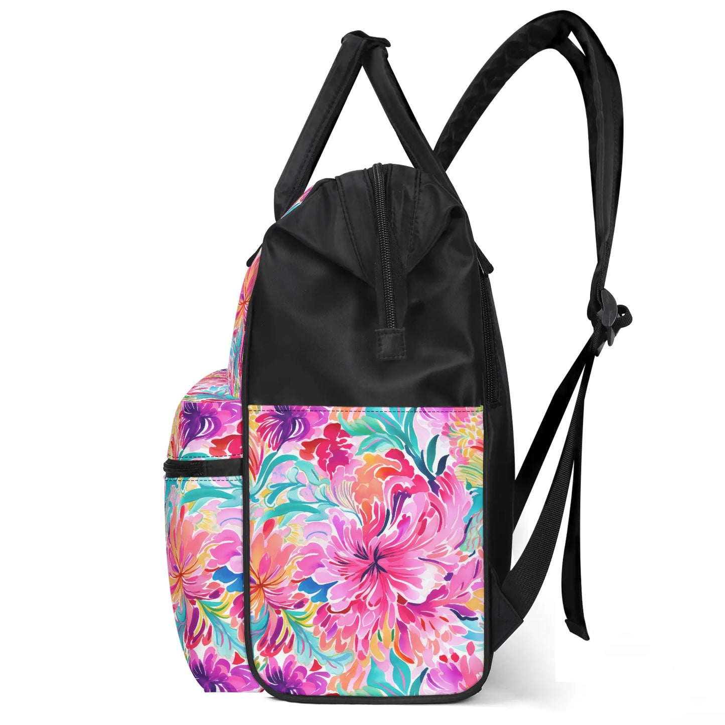 Rainbow Tropics: Watercolor Flowers in Vibrant Pink, Green and Orange Hues Large Capacity Backpack Diaper Nursing Bag