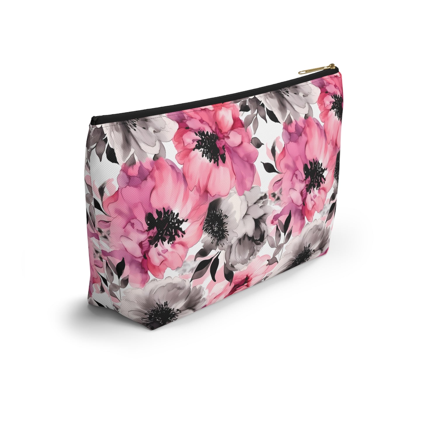 Graceful Elegance: Large Pink and Grey Watercolor Flower Design - Makeup & Accessory Bag 2 Sizes